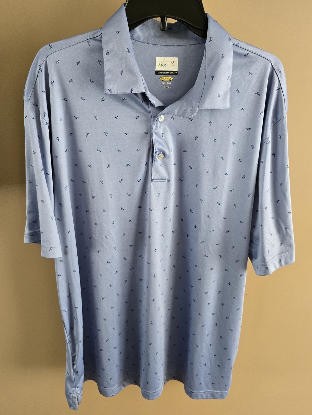 Greg Norman Collection Light Blue Polo with All Over  Pattern. Shark Logo. XXL